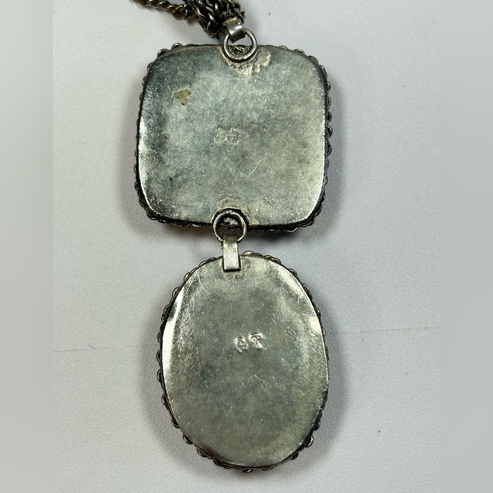 Vintage unique square and oval stone cabochon braided metal silver chain - Picture 3 of 6